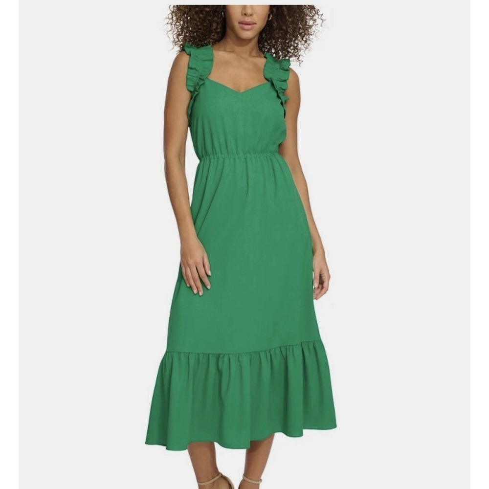 Kensie Midi‎ Dress Size 14 Green Lightweight Feminine Ruffle Straps Resort Wear
